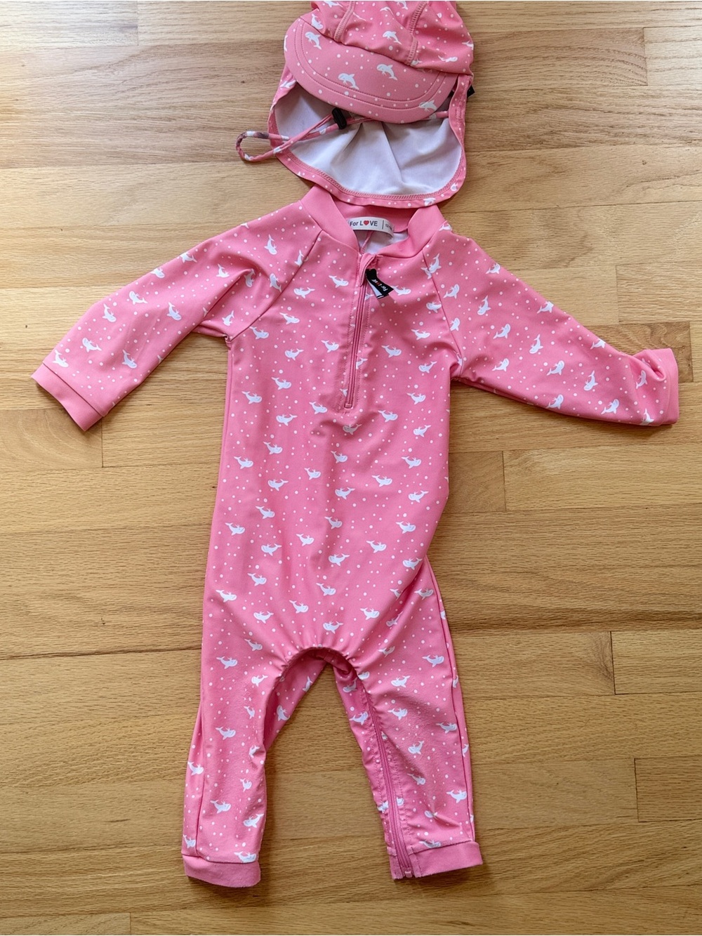 For Love Baby Pink Whale One-Piece Swimsuit / Rash Guard Set & Hat | 12-18M